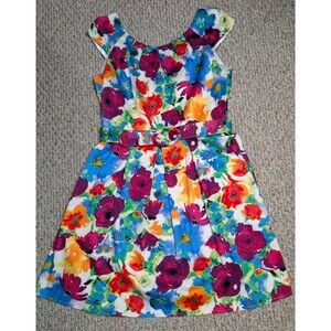 Dressbarn Womens Dress Size 10P White Floral Tank Sleeveless Belted Summer Trad